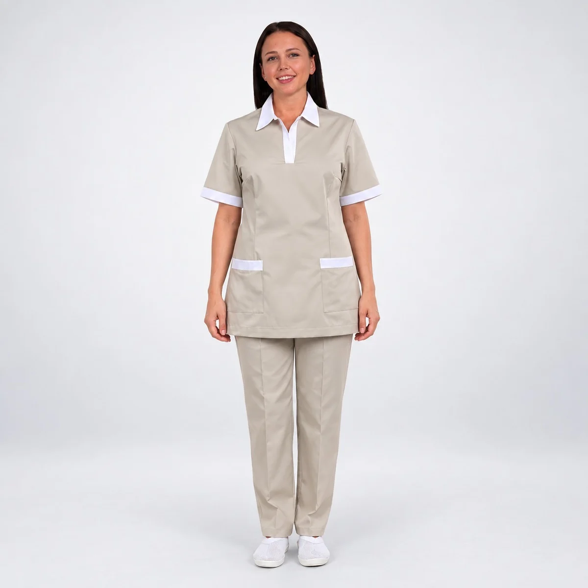 Beige and White Women Hotel Uniform Set