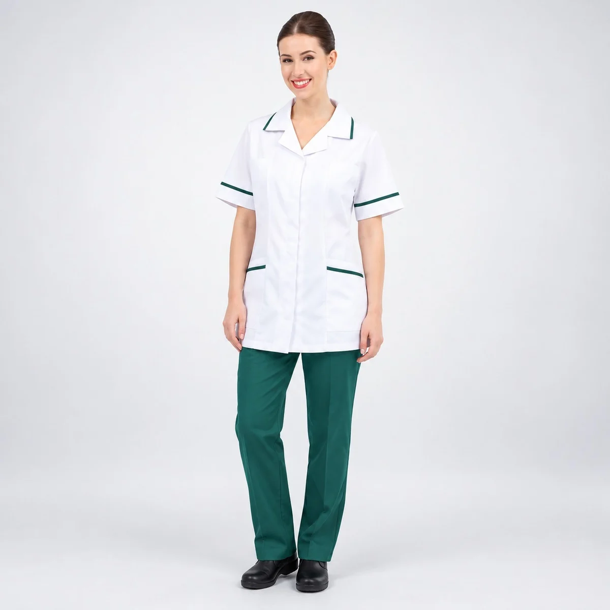 White and Dark Green Nurse Uniform Set
