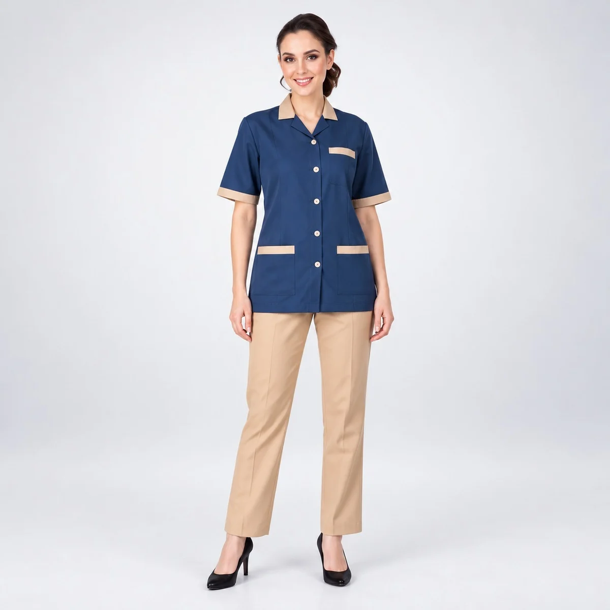 Navy Blue and Beige Hotel Tunic and Trouser Set