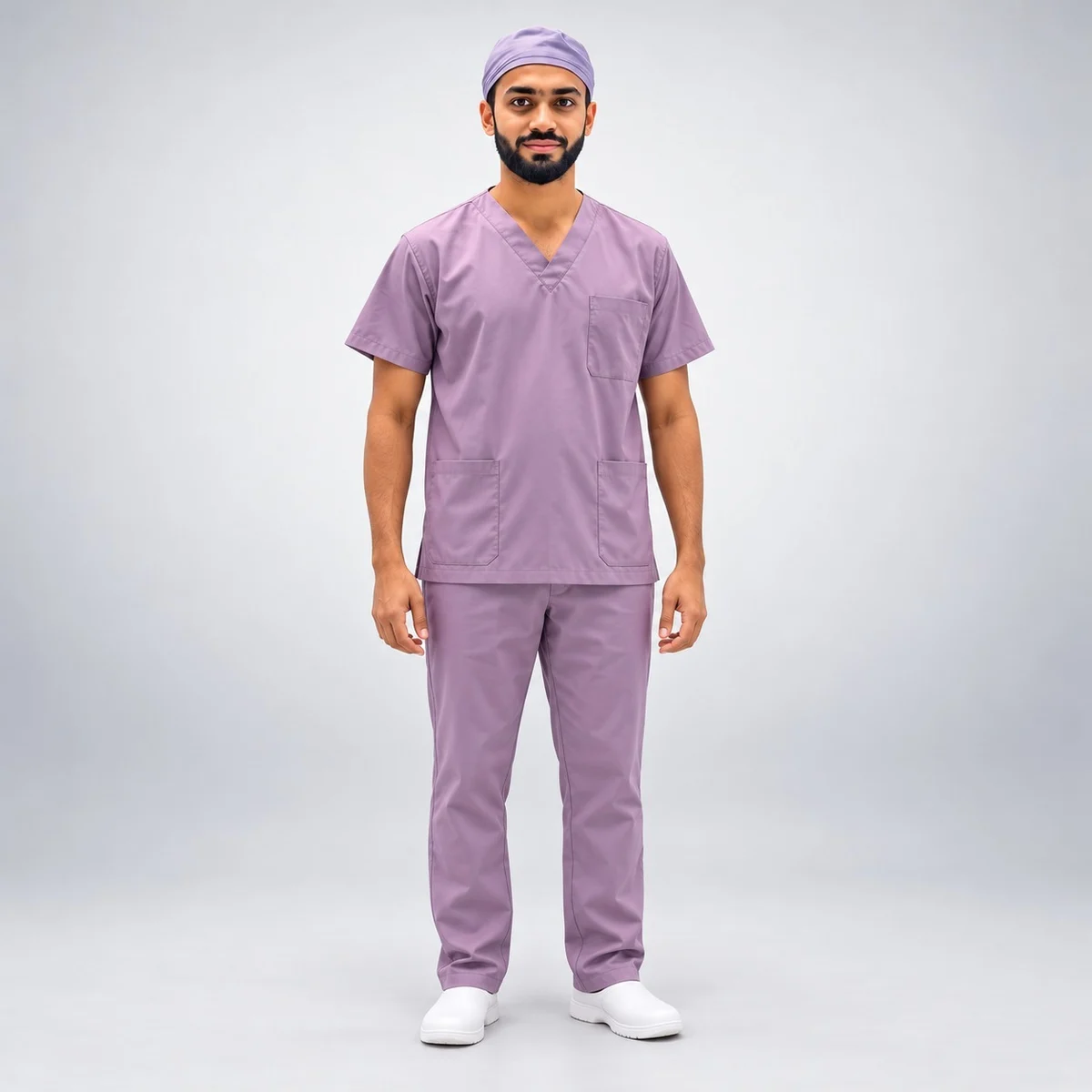 Mens Mauve Poly-Cotton Scrub Set with Cap