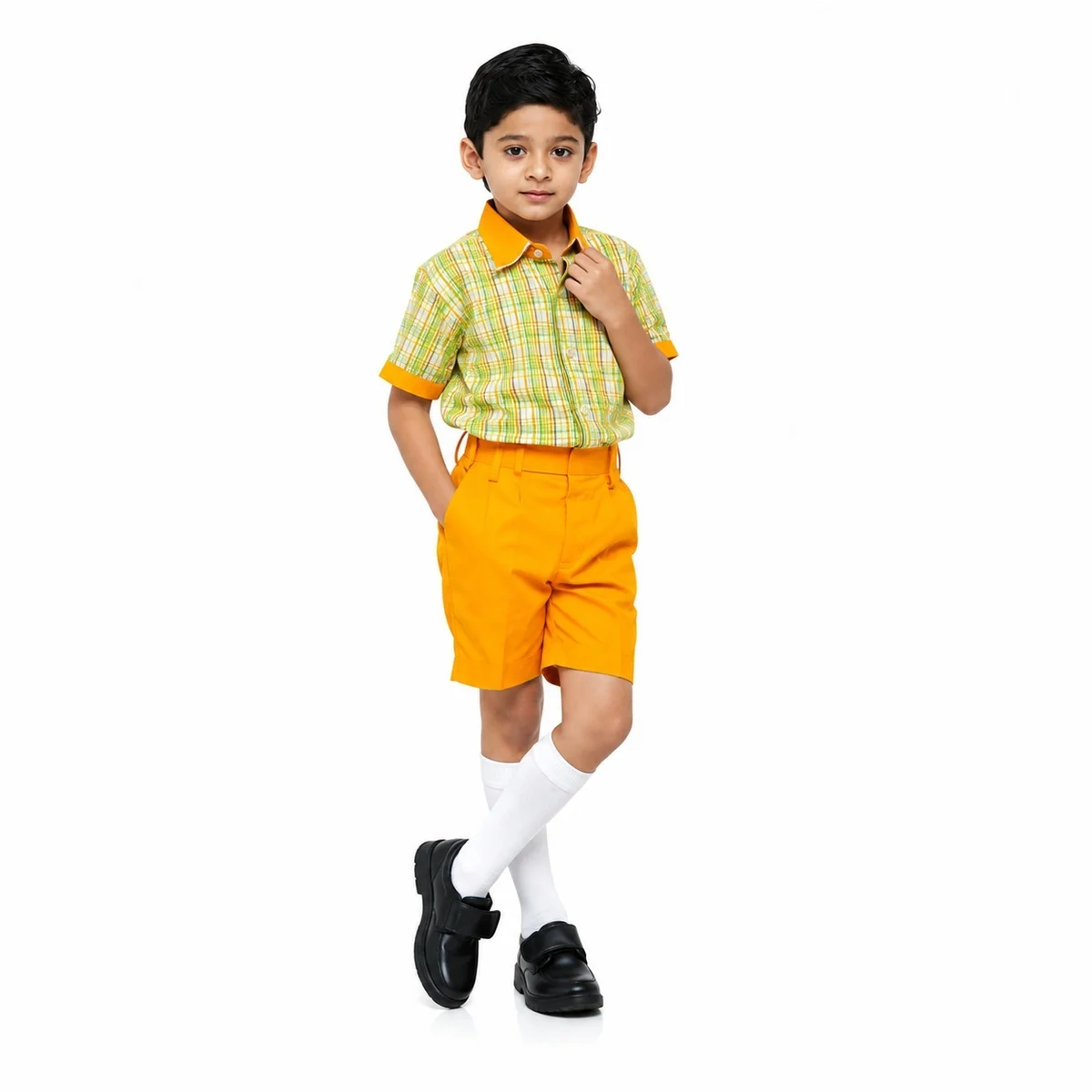 Yellow Checked School Uniform Set with Orange Shorts