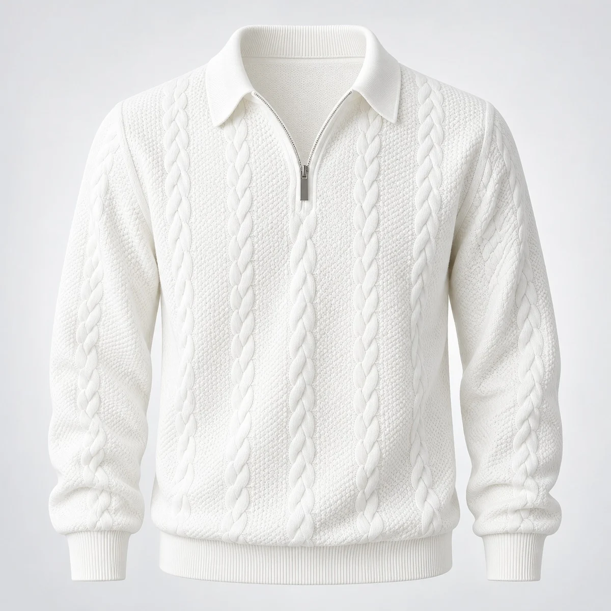 Mens White Cable-Knit Quarter-Zip Sweater