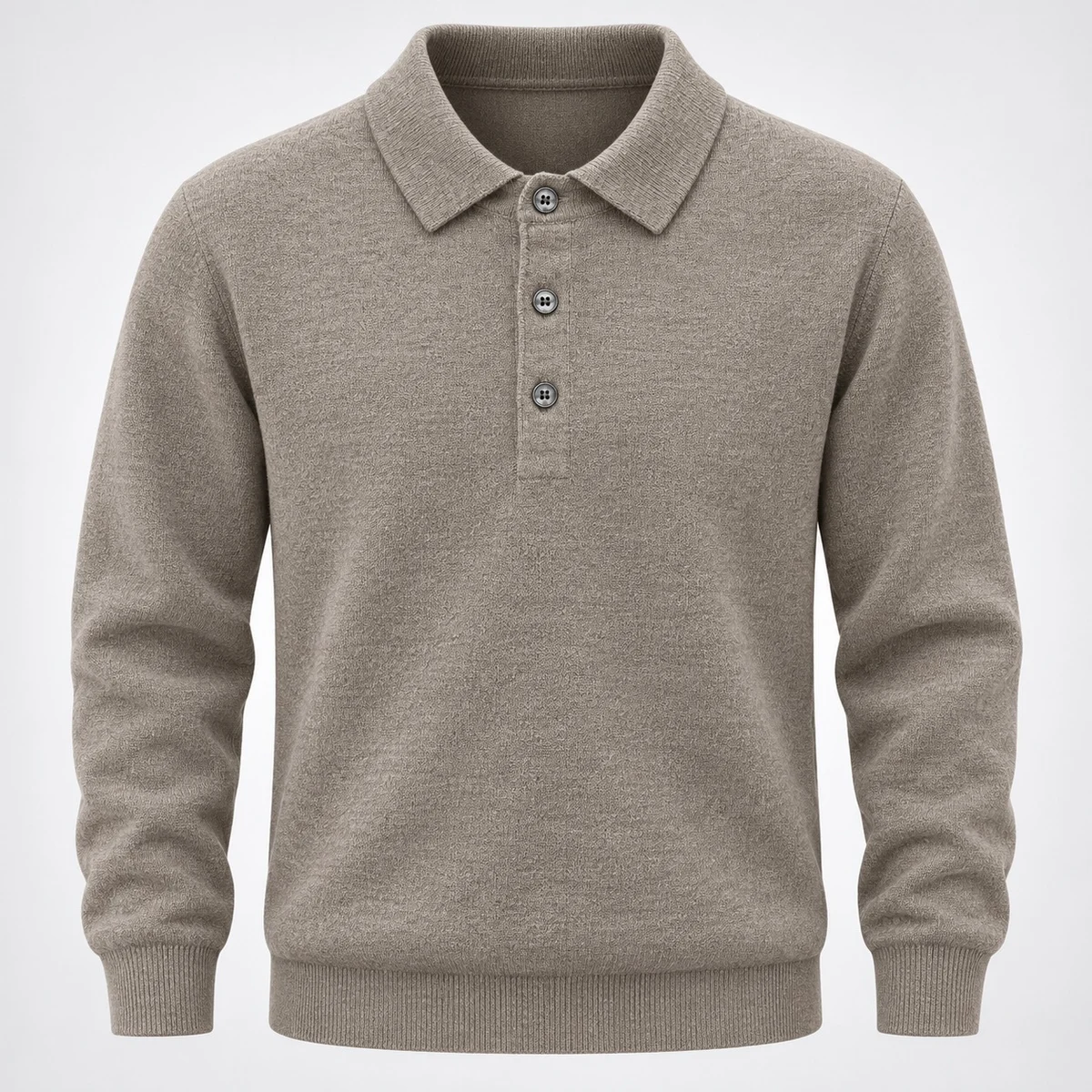 Mens Taupe Long Sleeve Knit Polo Sweater