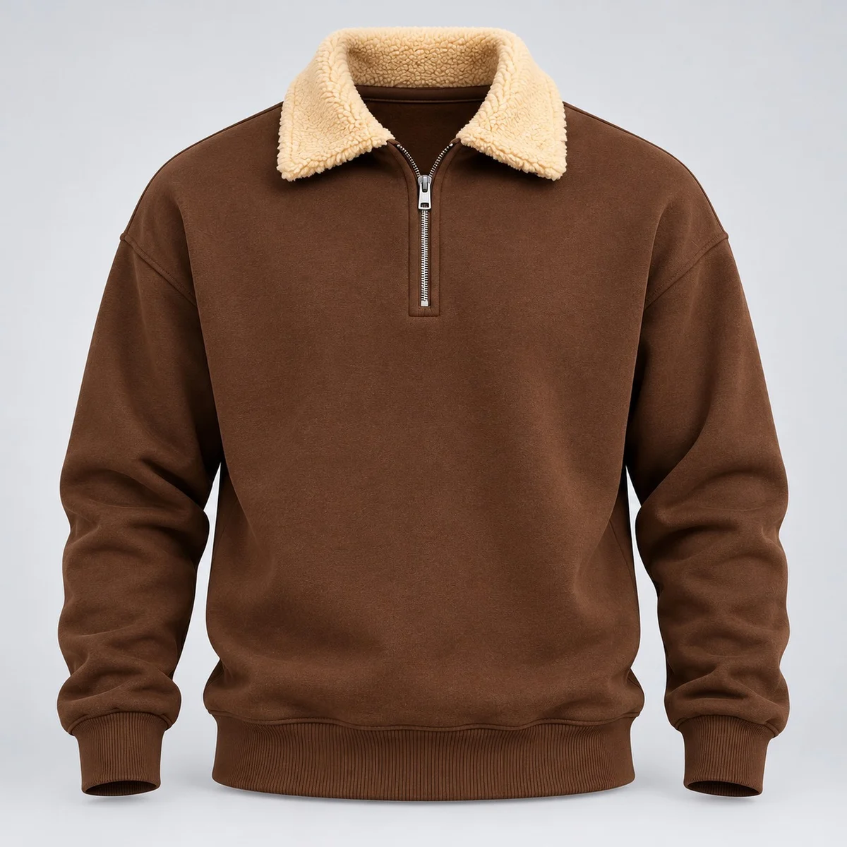 Brown Quarter-Zip Fleece Sweatshirt with Sherpa Collar