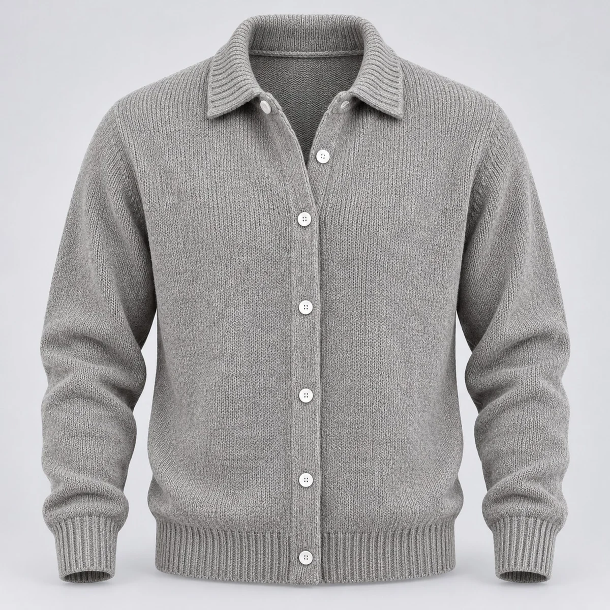 Mens Grey Ribbed-Knit Wool Cardigan