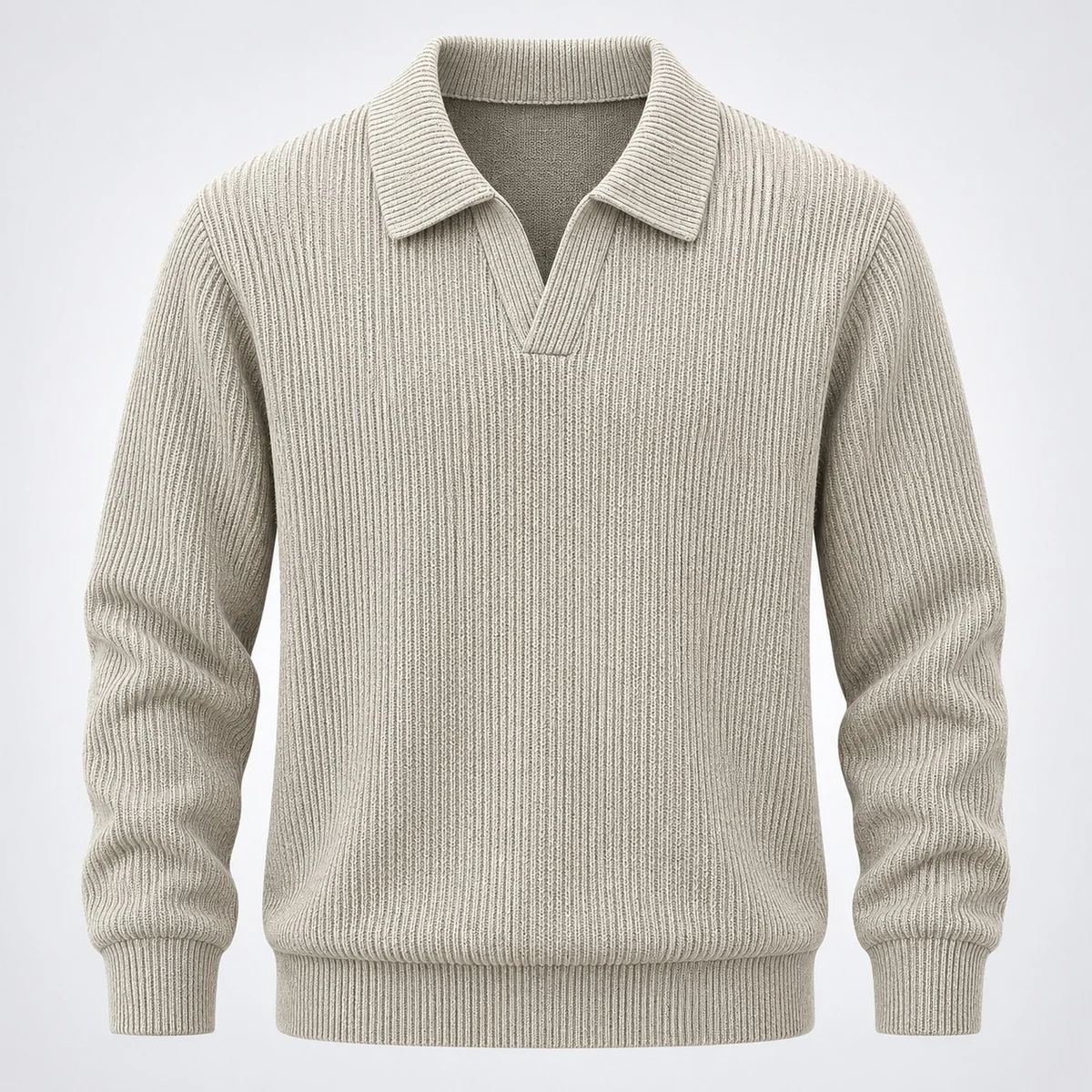 Mens Beige Heavyweight Ribbed Knit Polo Sweater