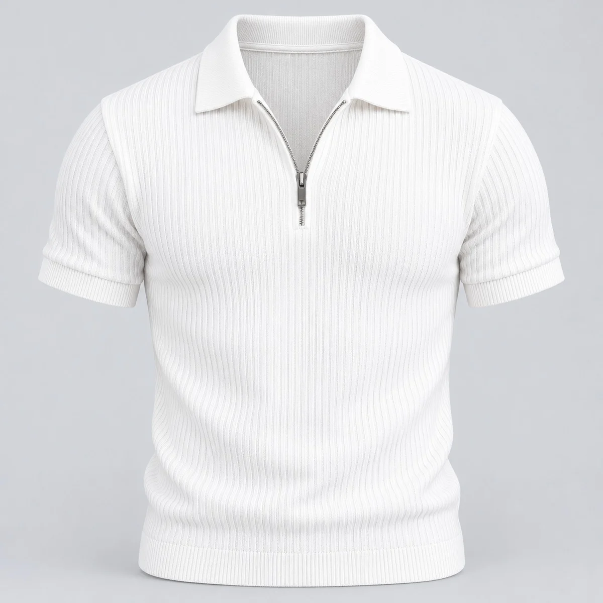 White Ribbed Knit Zipper Polo Shirt