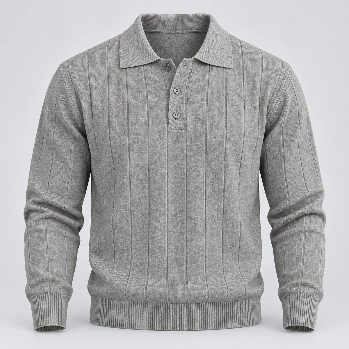 Mens Grey Ribbed-Knit Full Sleeve Polo Sweater