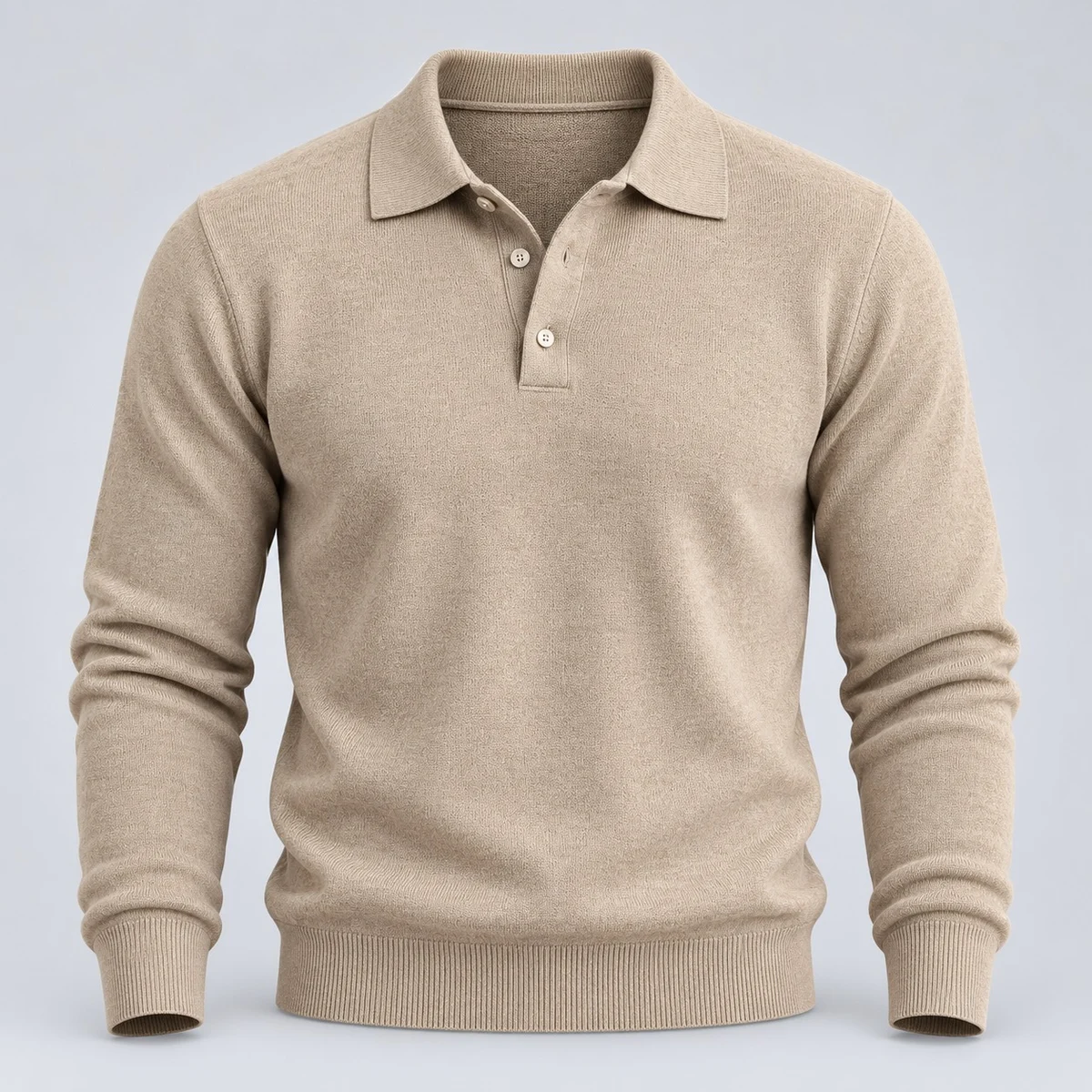 Mens Beige Long Sleeve Knit Polo Sweater