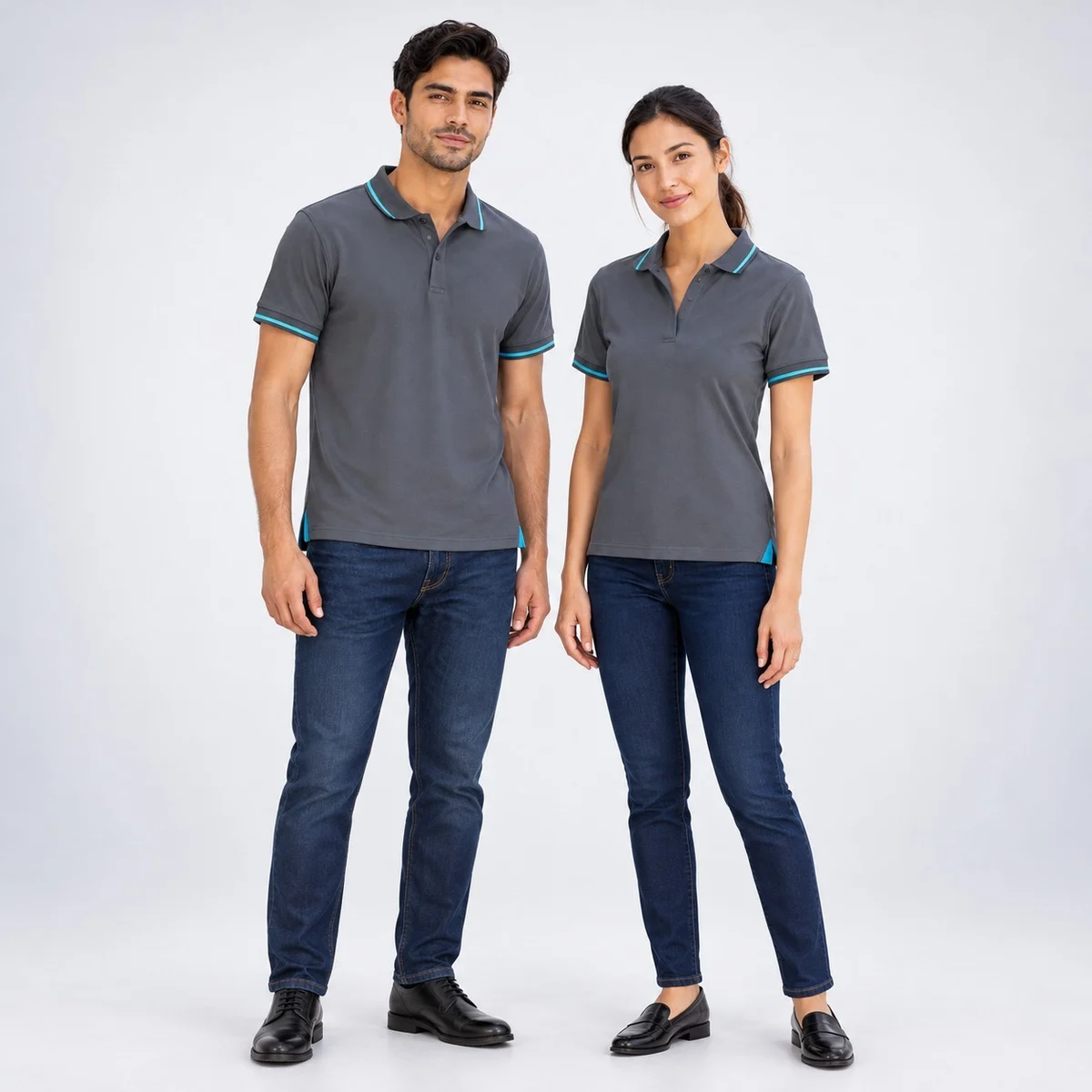 Grey Corporate Polo T-Shirt with Turquoise Piping