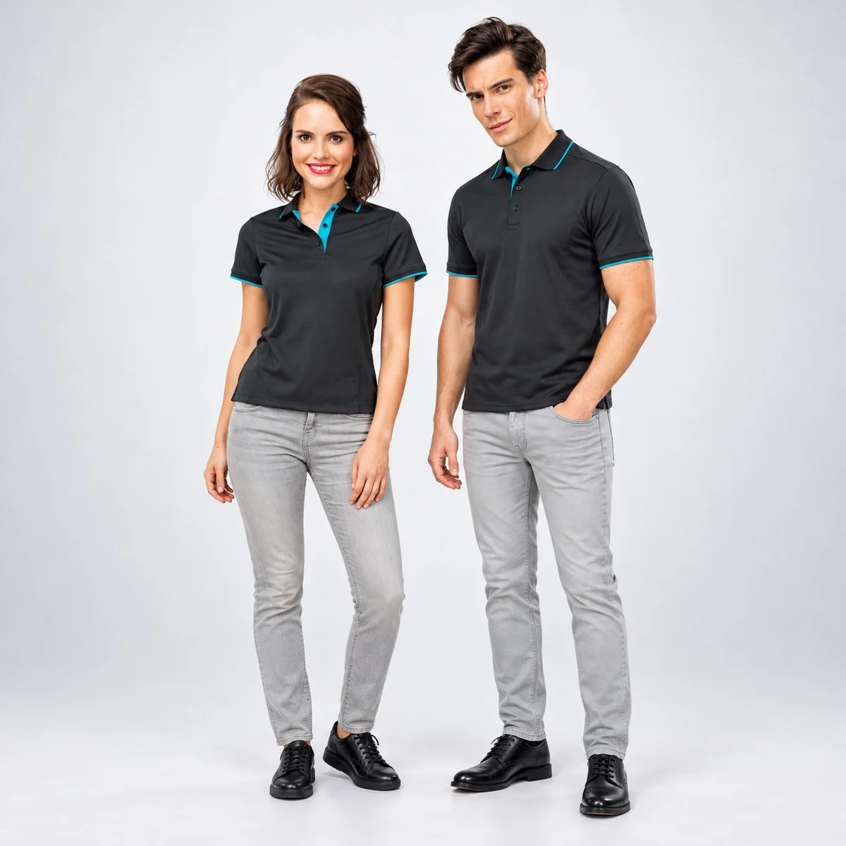 Charcoal Grey Polo T-Shirt with Turquoise Trim