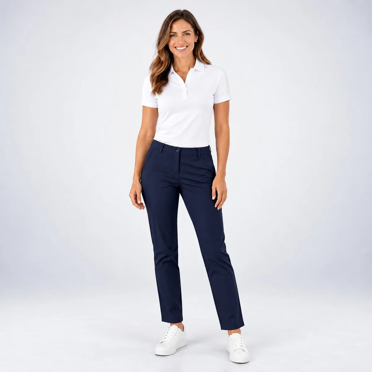 Womens White Polo and Navy Trouser Corporate Uniform Set