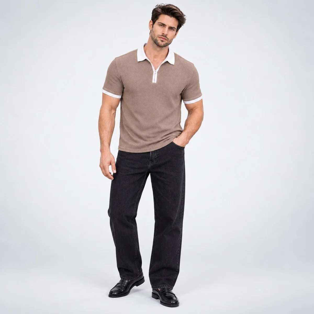 Taupe Corporate Quarter-Zip Polo Shirt