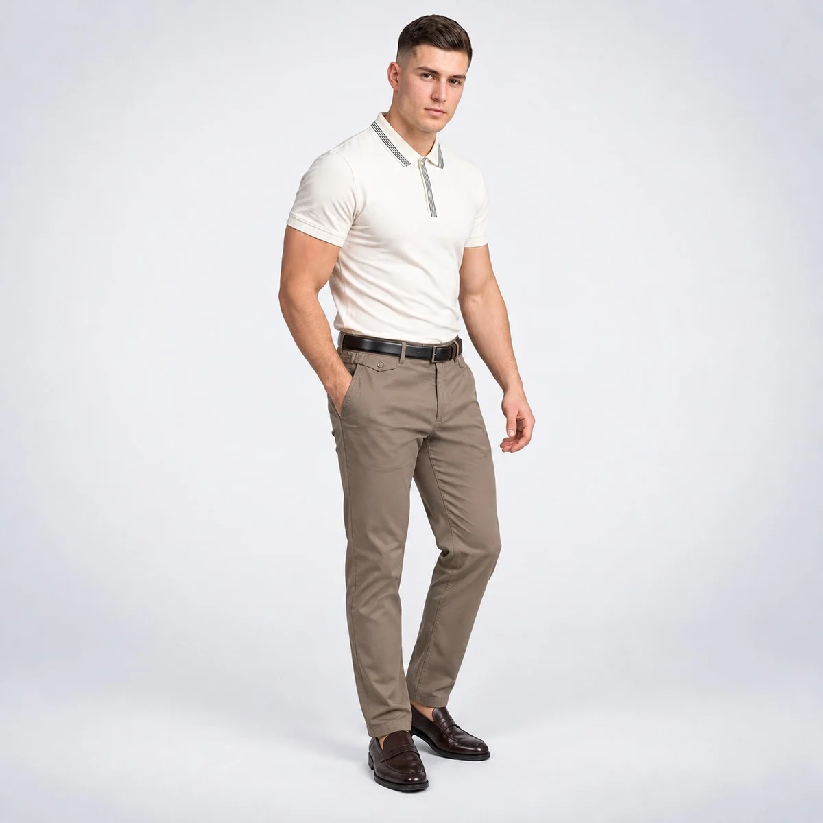 Mens Off-White Polo Shirt and Brown Trousers Uniform Set