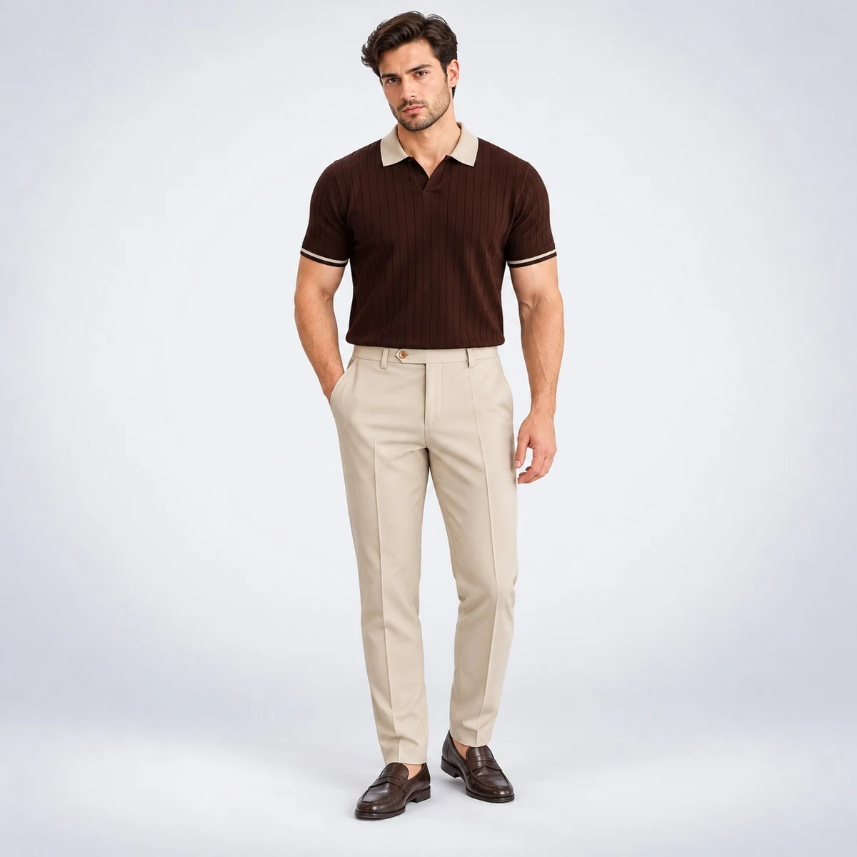 Brown Ribbed Polo Shirt And Beige Trouser Set
