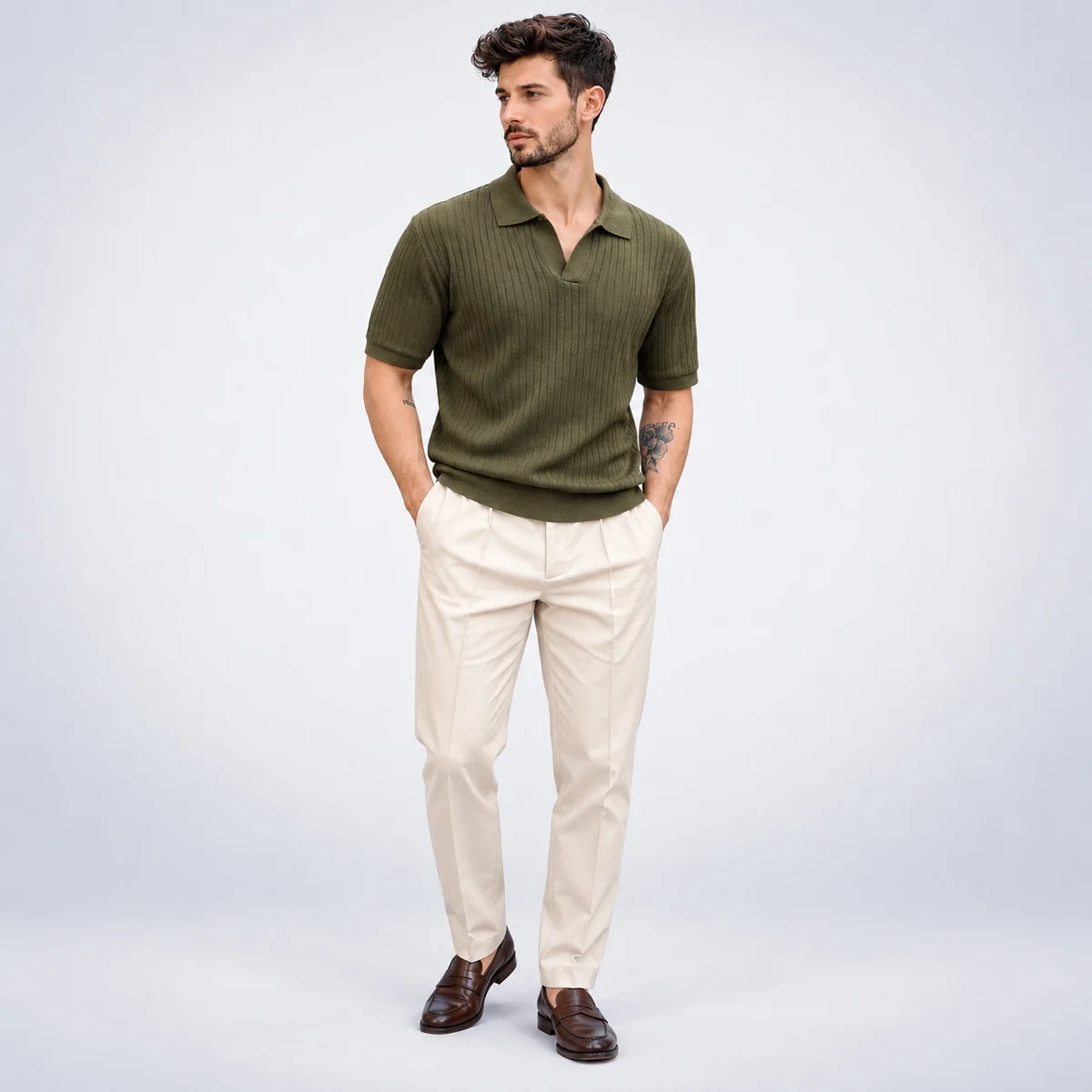 Olive Green Ribbed Knit Polo Shirt