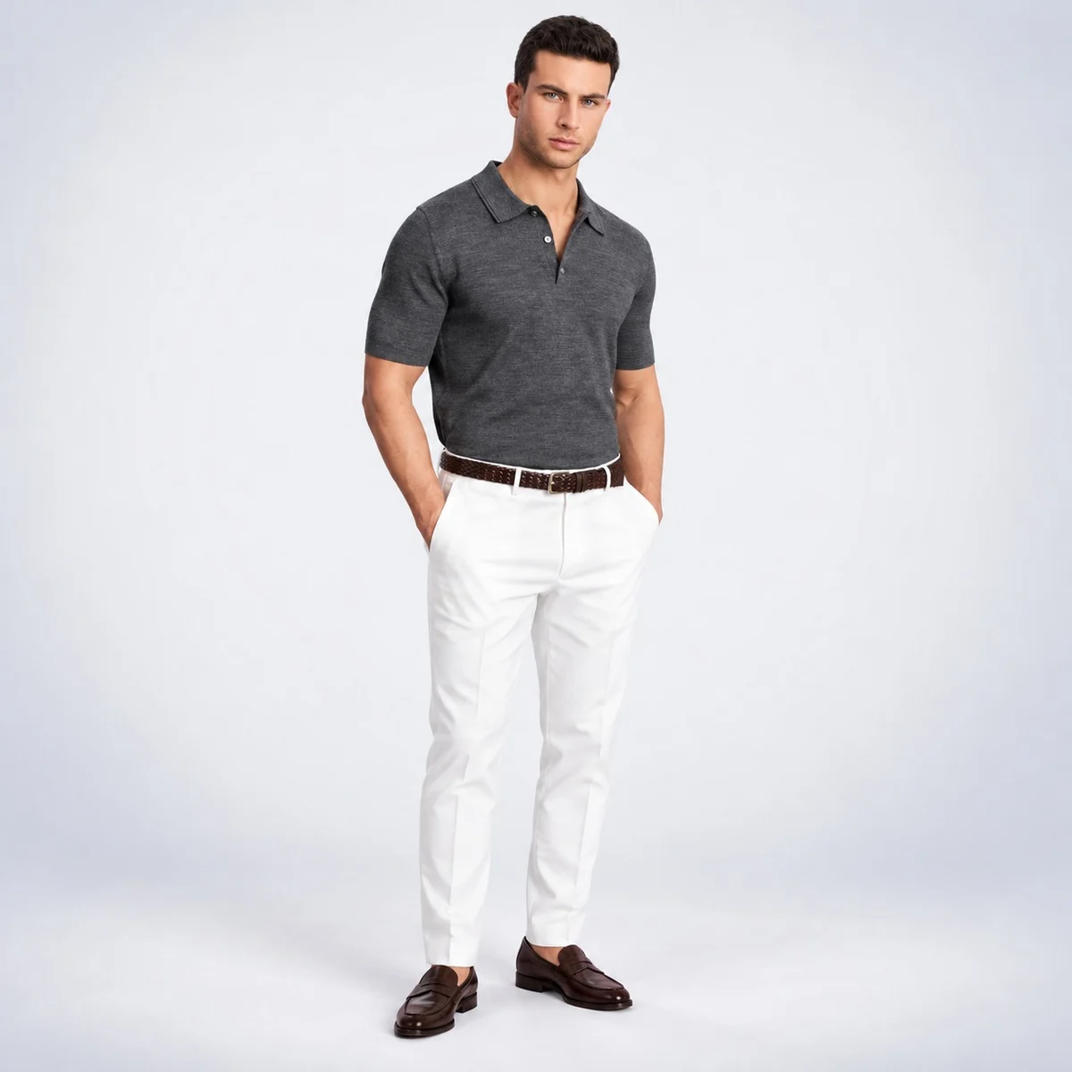 Mens Grey Polo and White Trousers Corporate Set