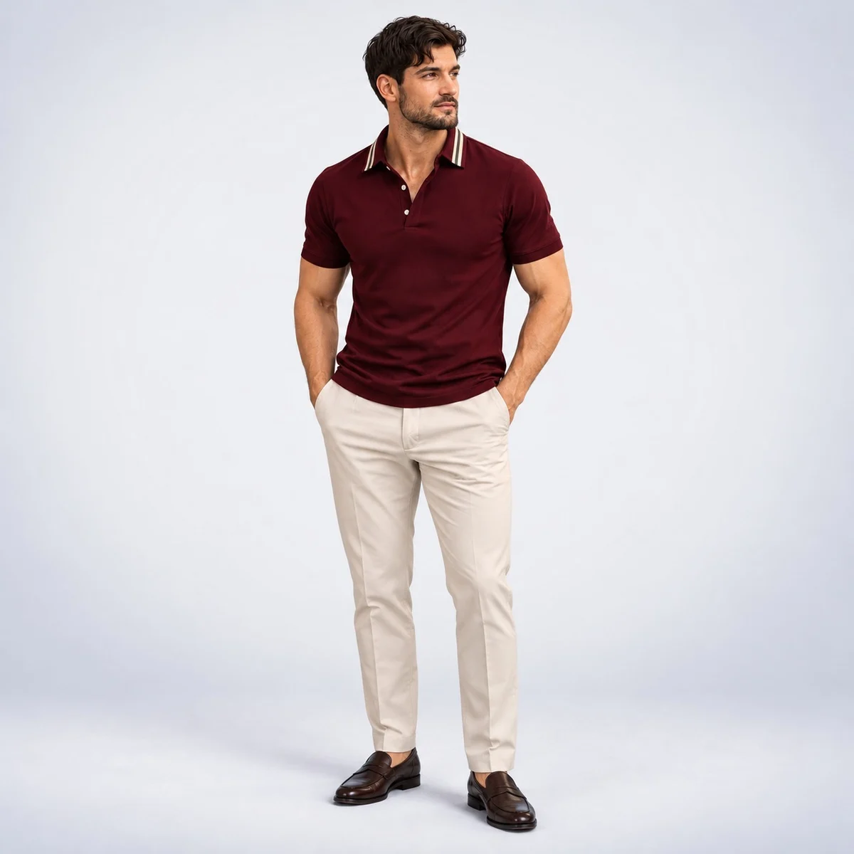 Mens Maroon Polo T-Shirt and Beige Trouser Hotel Uniform Set