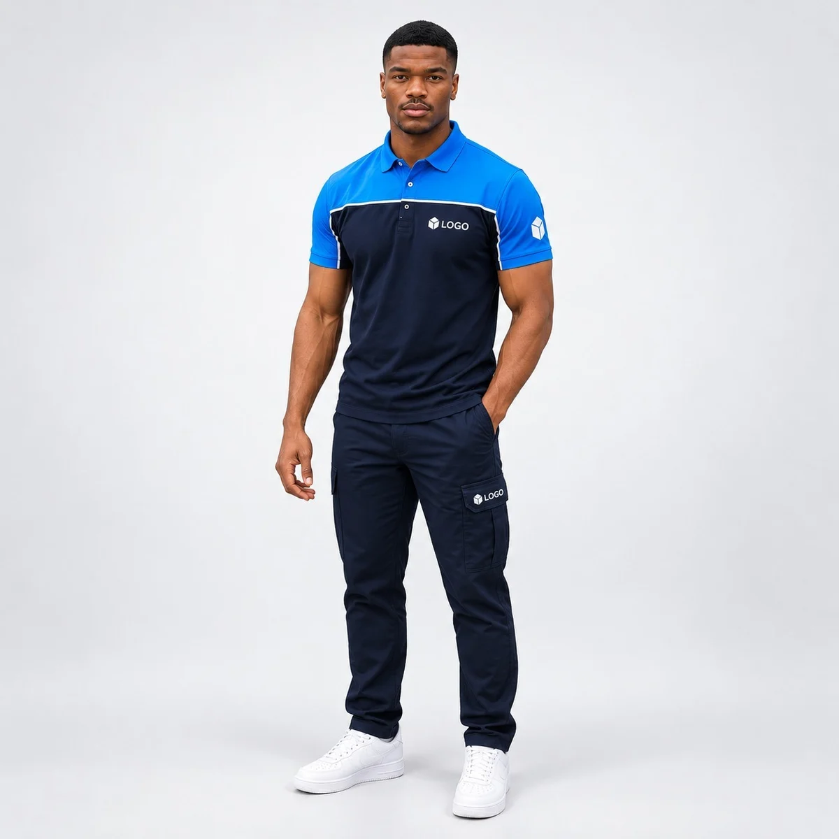 Mens Blue and Navy Industrial Polo and Cargo Trouser Set