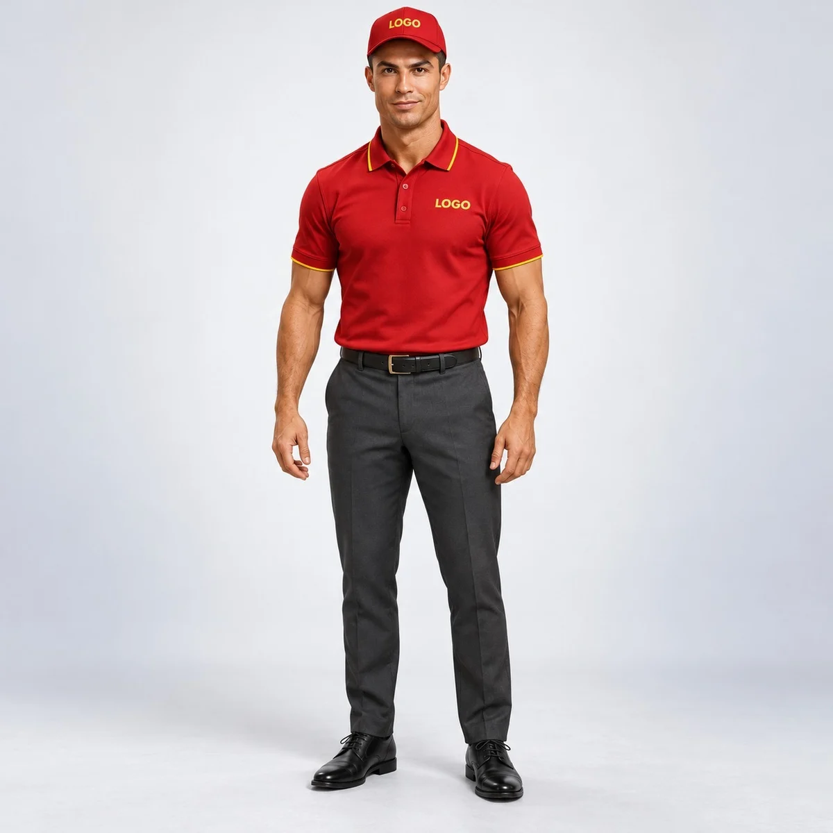 Red Poly-Cotton Polo Hotel Uniform Set with Trousers
