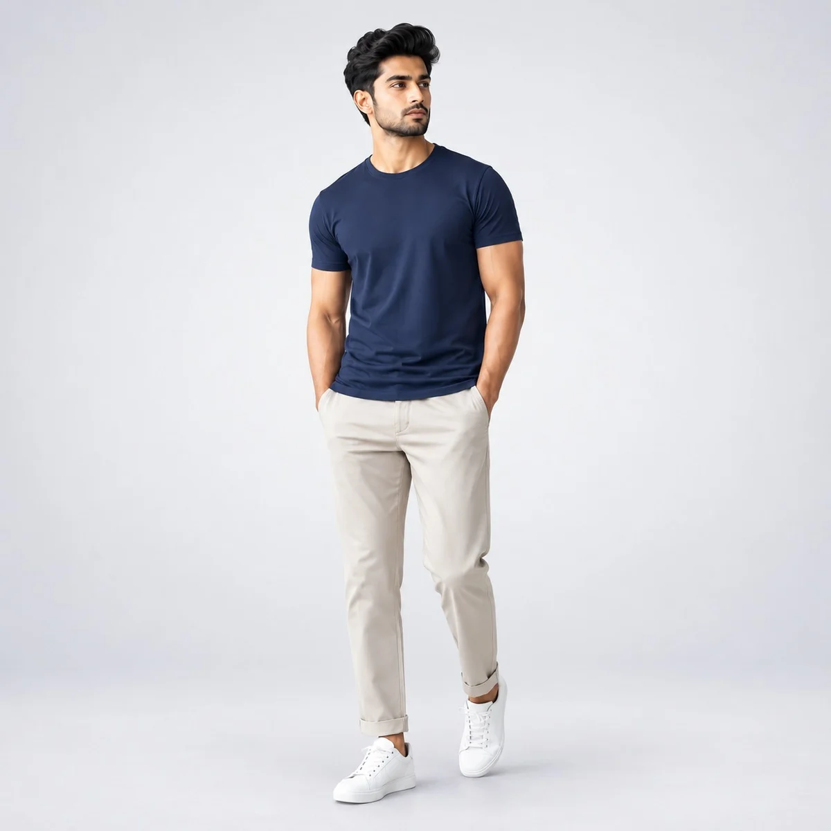 Navy Blue Crew Neck T-Shirt and Beige Trouser Set