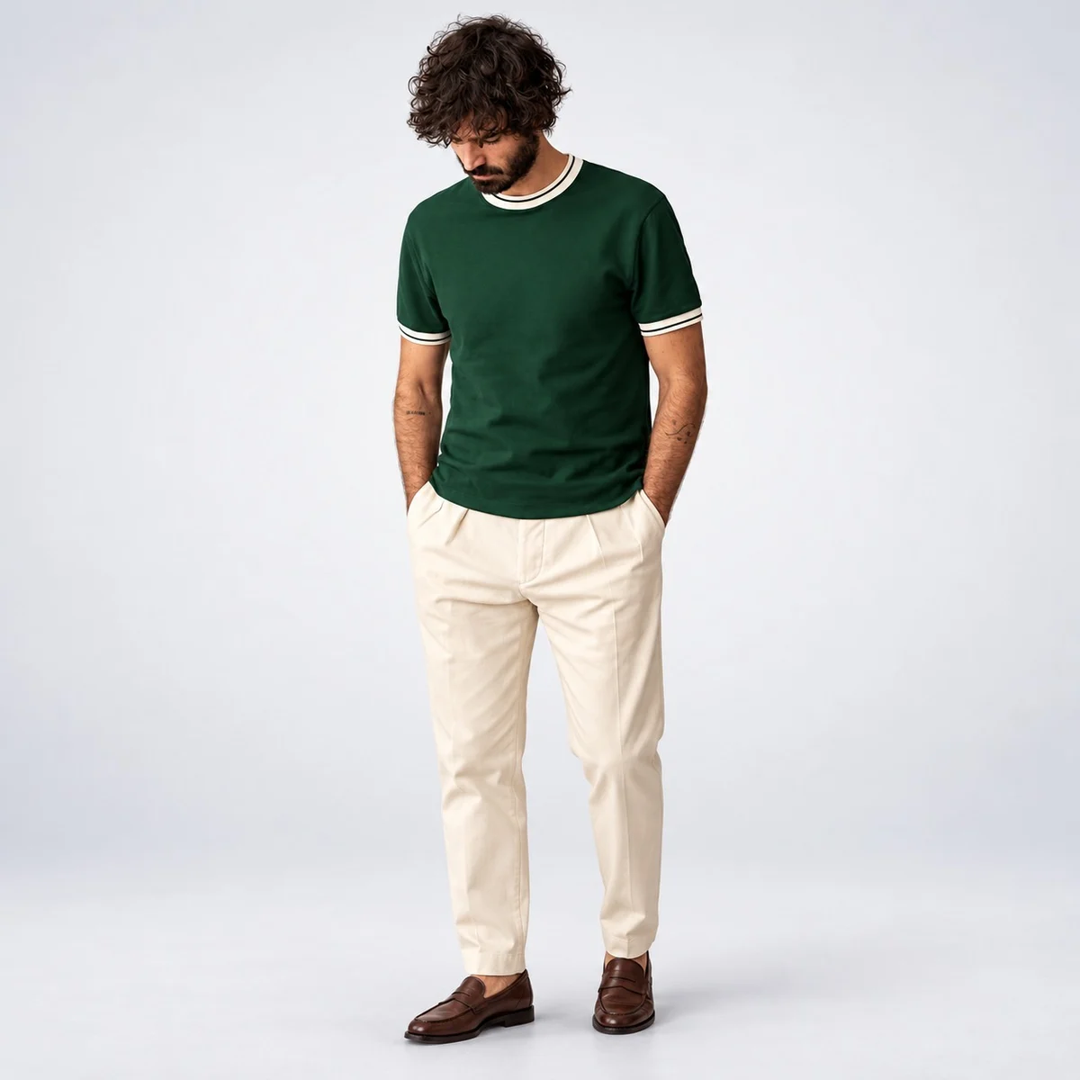Dark Green Cotton Knit Ringer T-Shirt for Hotel Staff