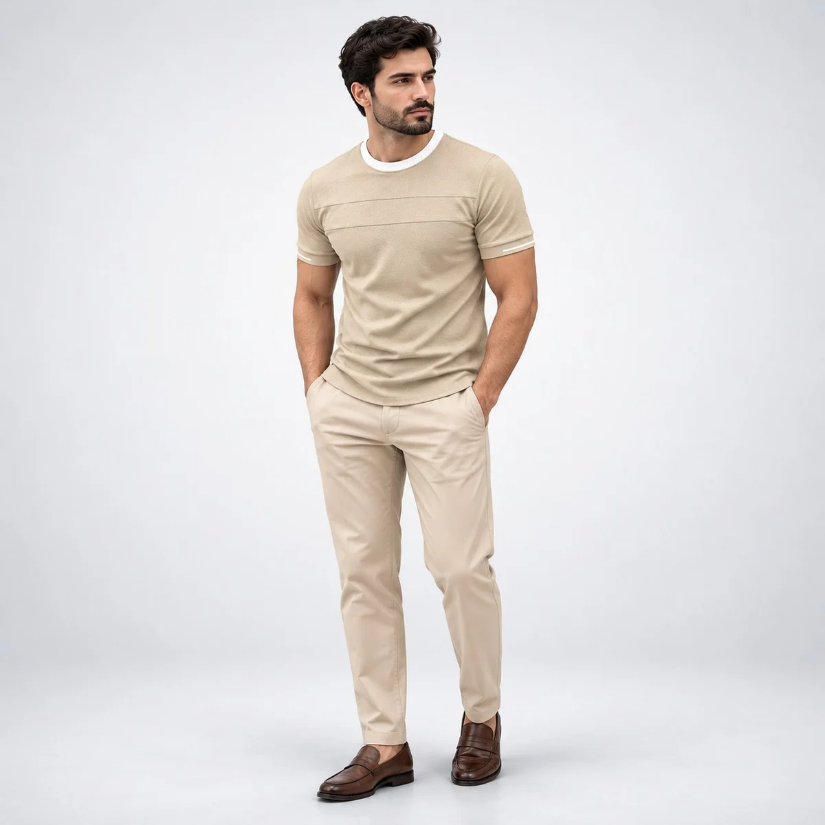 Mens Beige Hotel Uniform T-Shirt and Trouser Set