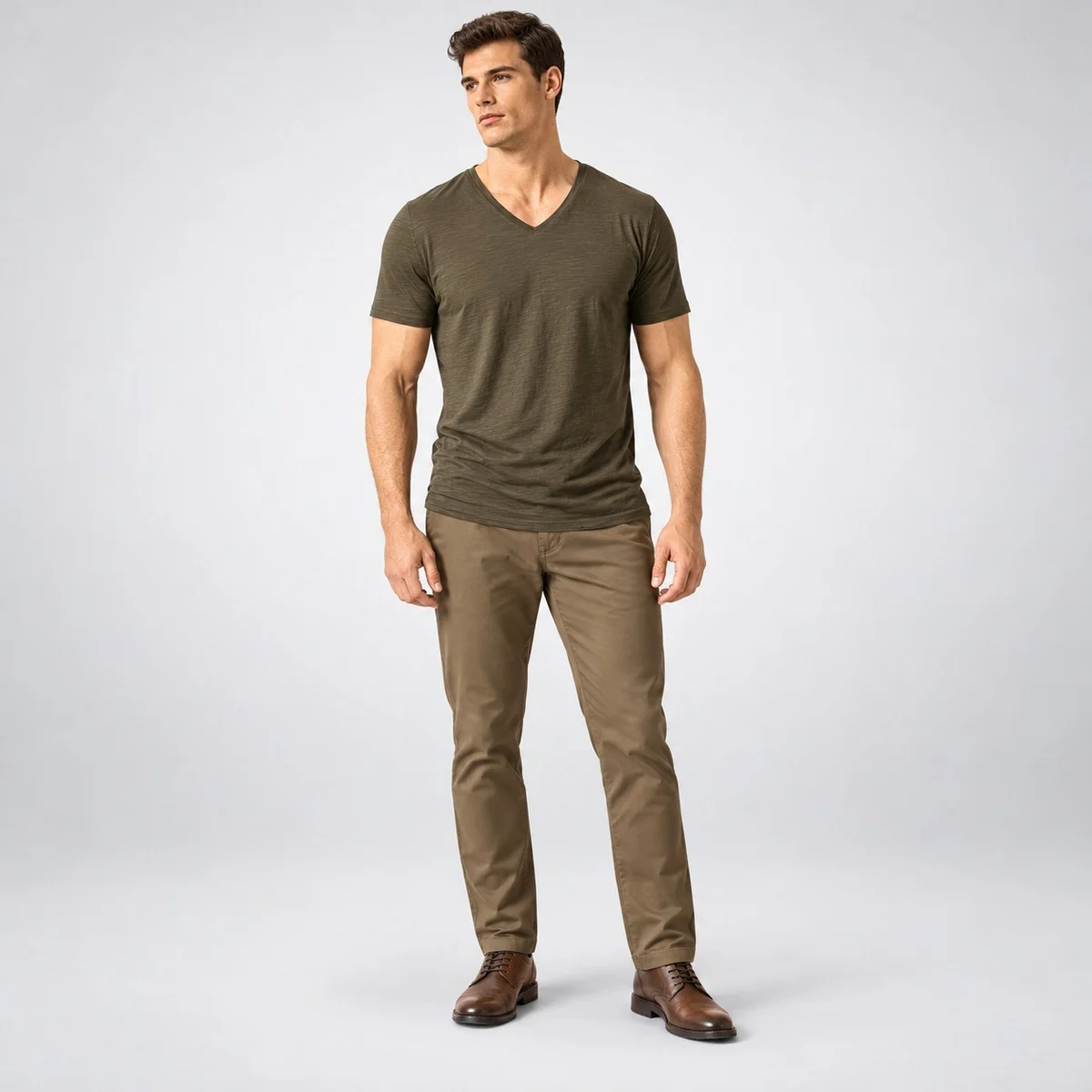 Mens Olive Green V-Neck T-Shirt and Trouser Set