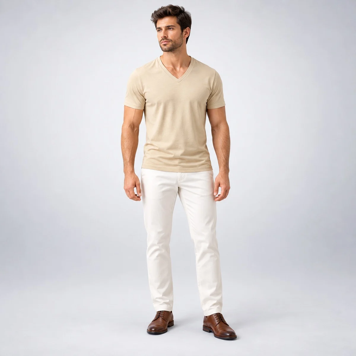 Men's Beige V-Neck Corporate T-Shirt