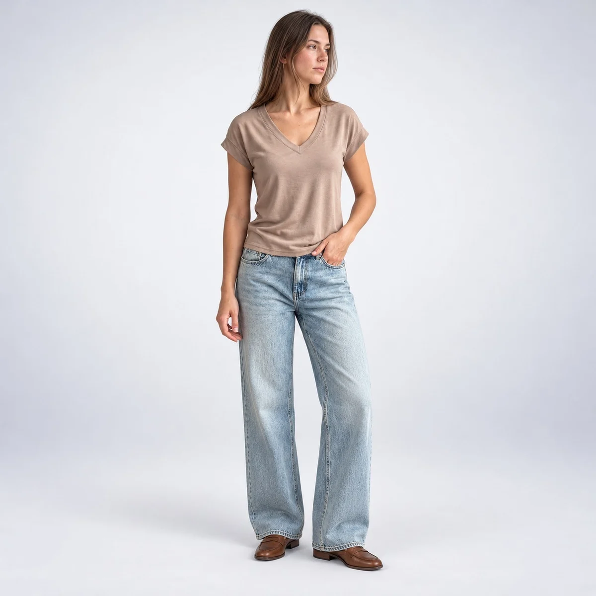 Womens Beige Cotton Jersey V-Neck Corporate T-Shirt