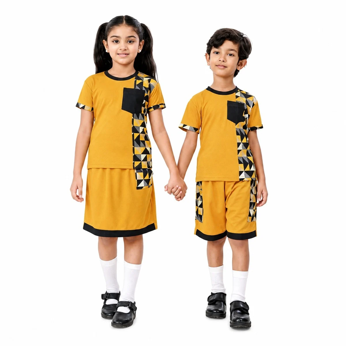 Mustard Yellow Geometric Childrens School Uniform Set