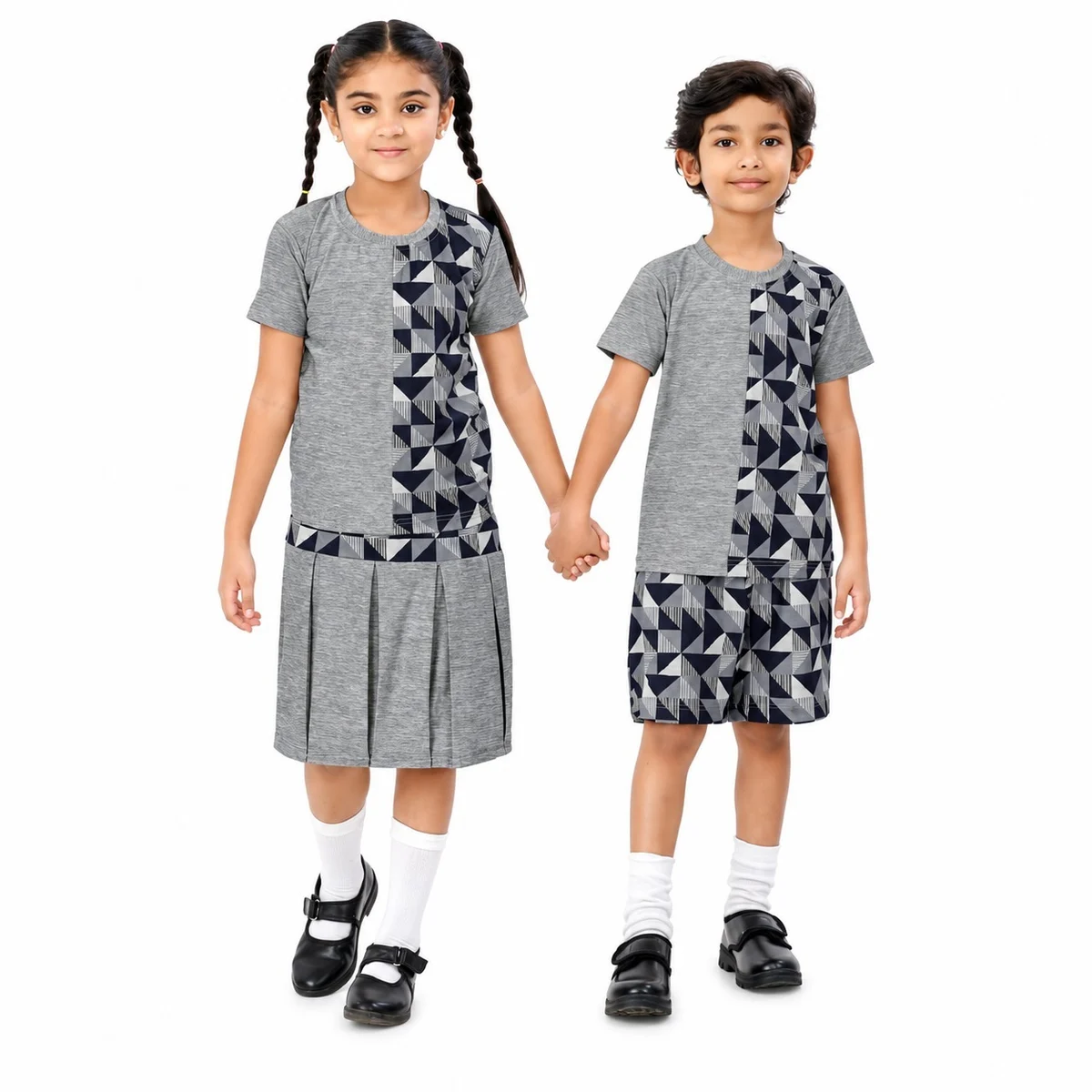 Grey and Blue Geometric Panel School Uniform Set