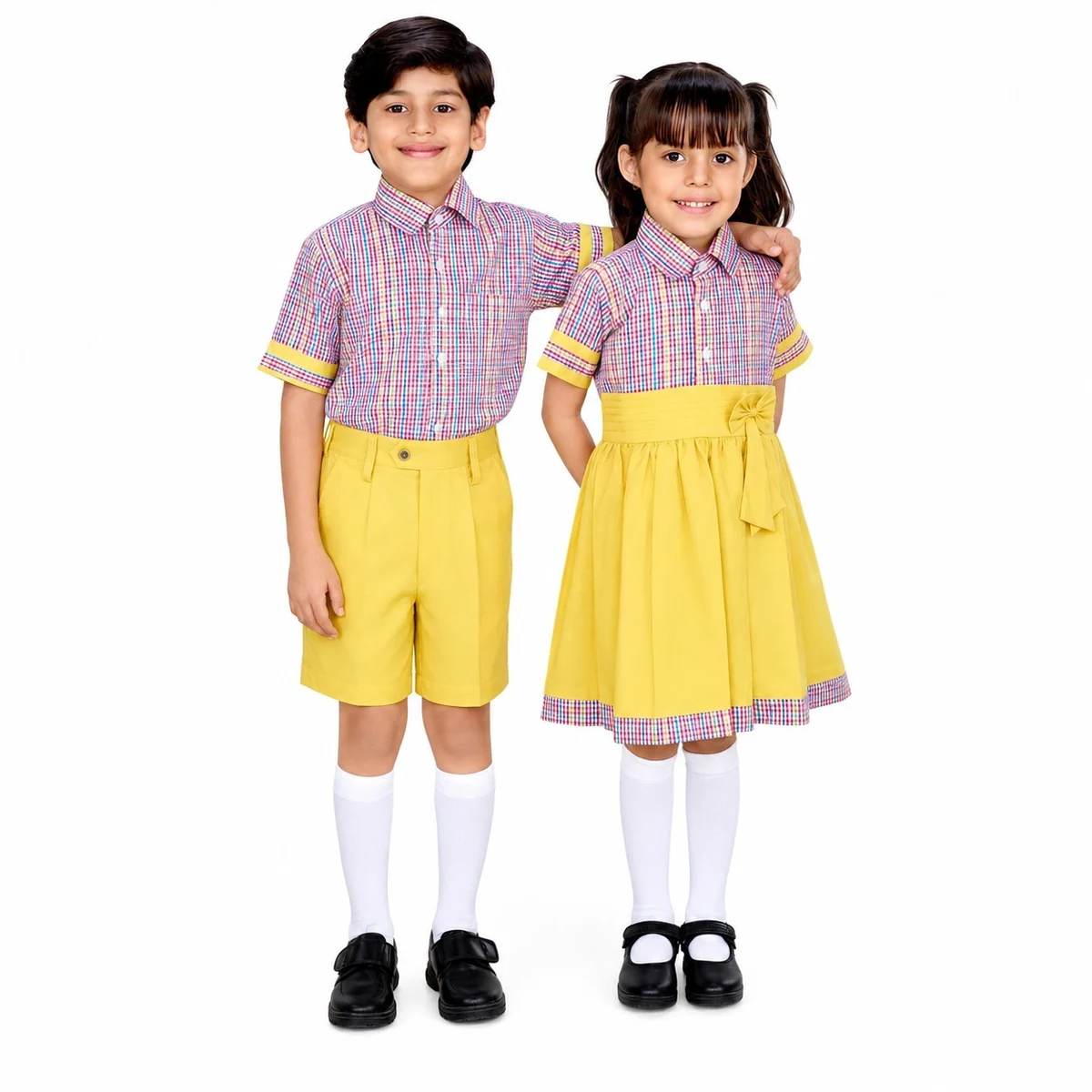 Yellow And Multi-Colour Check School Uniform Set