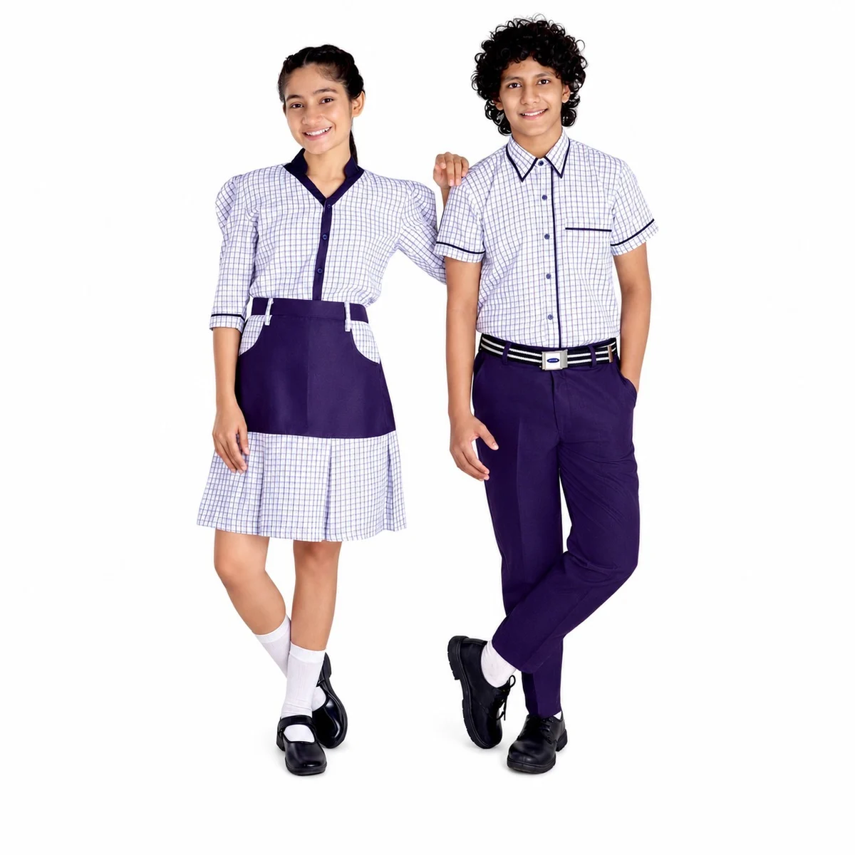 White and Navy Blue Checked School Uniform Set