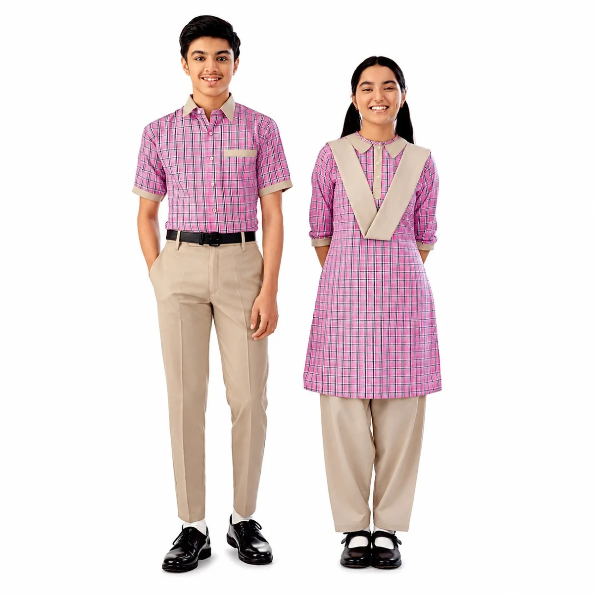 Pink And Beige Checked School Uniform Set