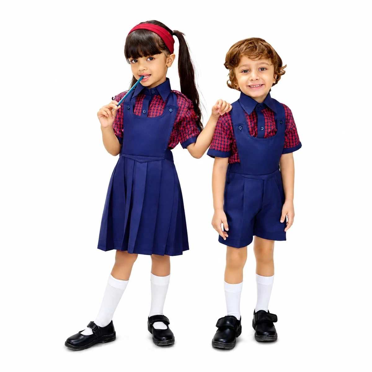 Navy Blue and Red Checked School Uniform Set