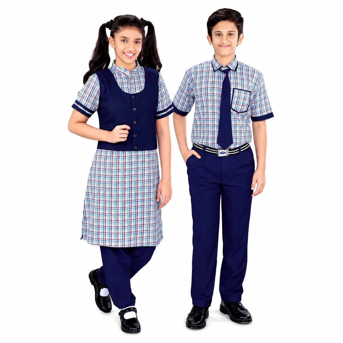 Coordinated Plaid and Navy Blue School Uniform Set