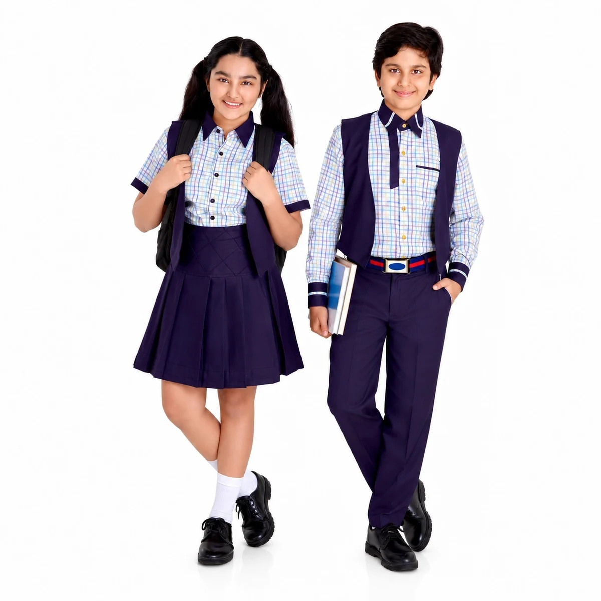 Navy Blue and Checkered School Uniform Set