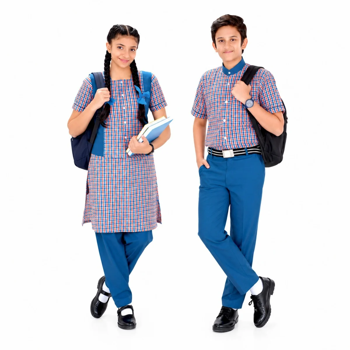 Blue and Red Checkered School Uniform Set