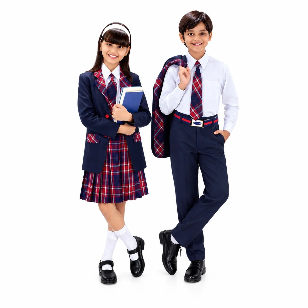 Navy Blue and Plaid School Uniform Set