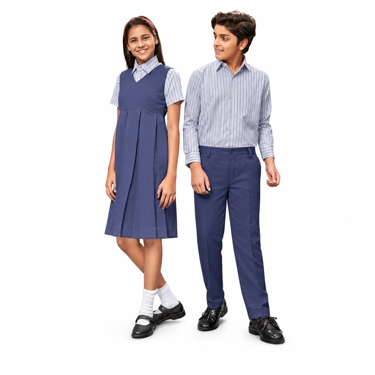 Co-Ed School Uniform Set with Striped Shirt and Blue Pinafore