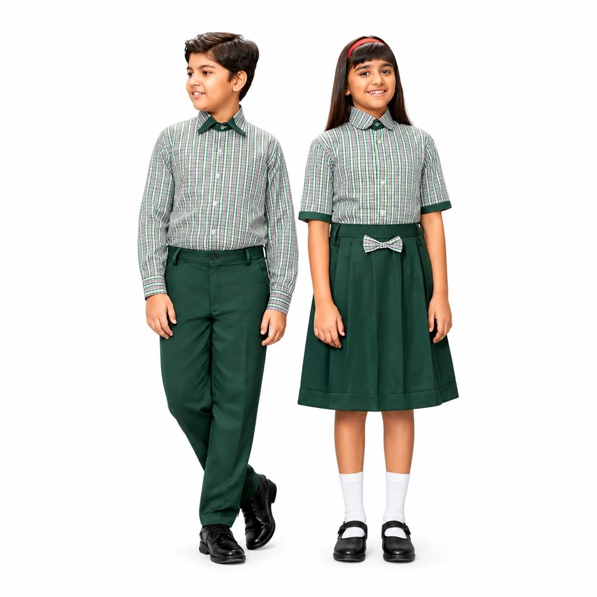 Green and Multi-Check School Uniform Set