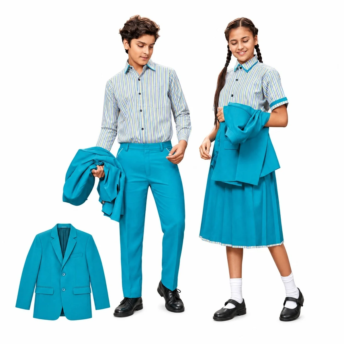 Teal Blue and Striped School Uniform Set