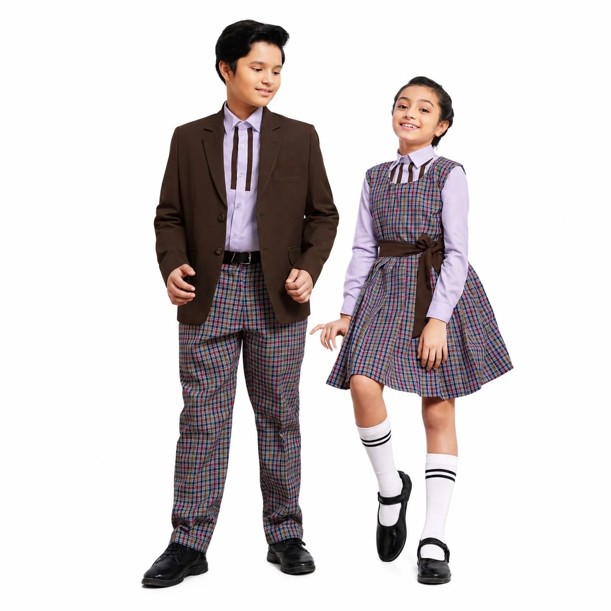 Complete School Uniform Set with Brown Blazer and Plaid Trousers