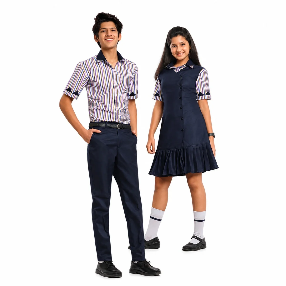 Multi-Color Striped and Navy Blue School Uniform Set