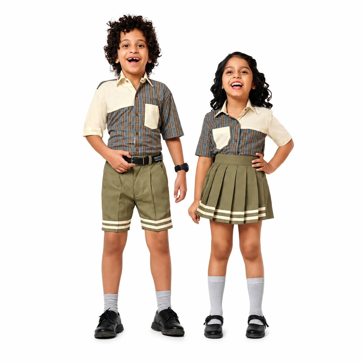 Multi-Color Plaid and Olive Green School Uniform Set