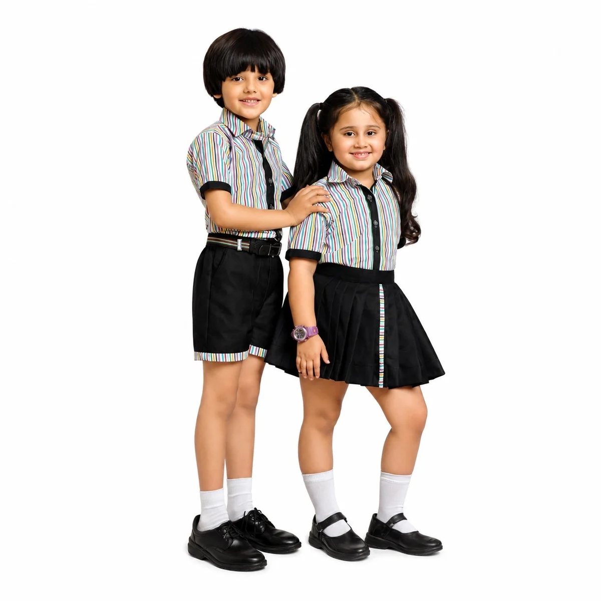 Multicoloured Stripe and Black School Uniform Set