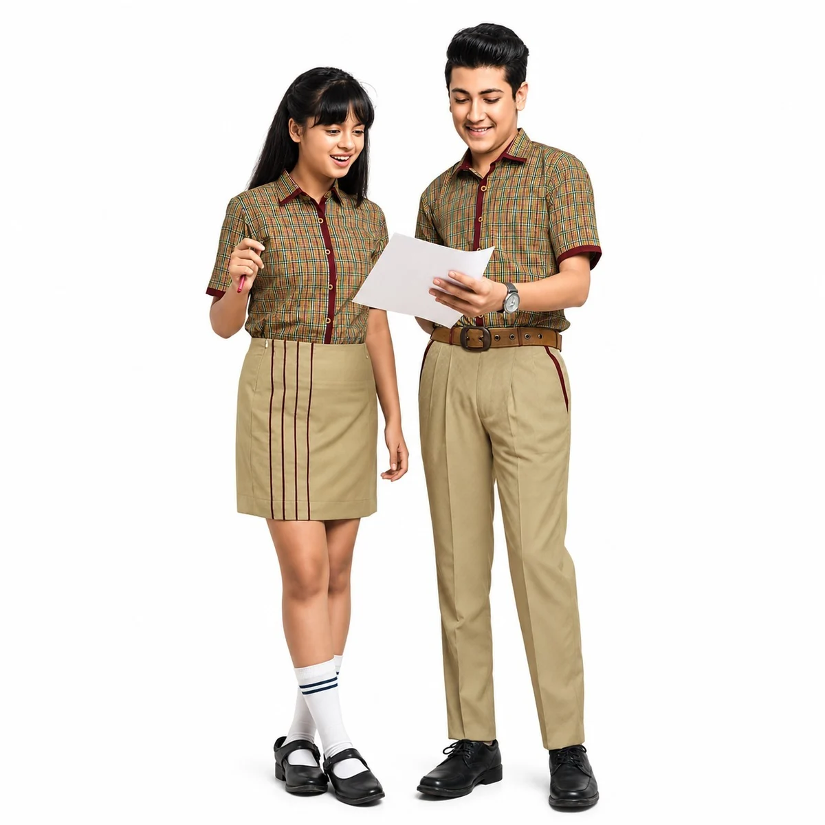 Khaki and Maroon Checked School Uniform Set