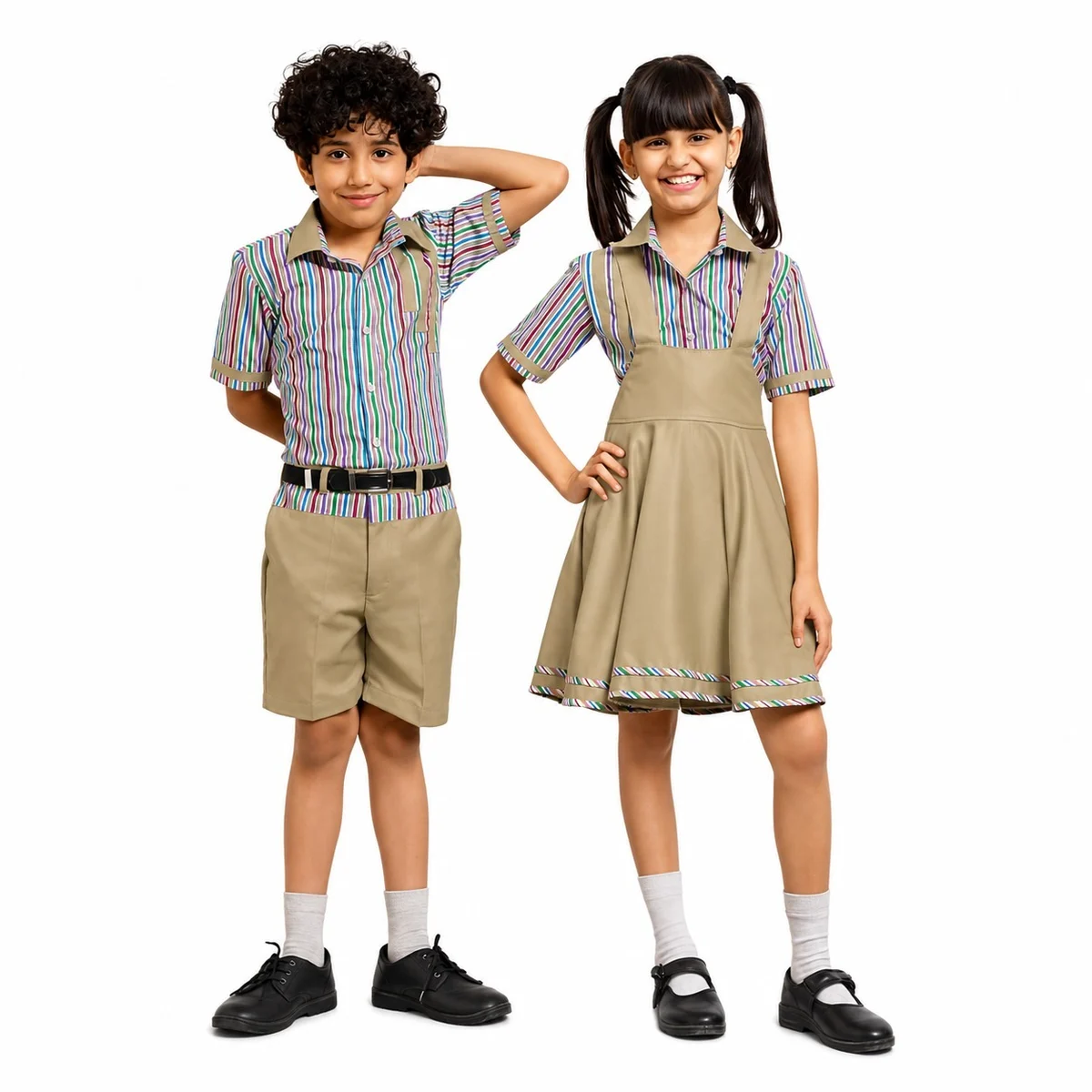 Multi-Color Striped and Beige School Uniform Set
