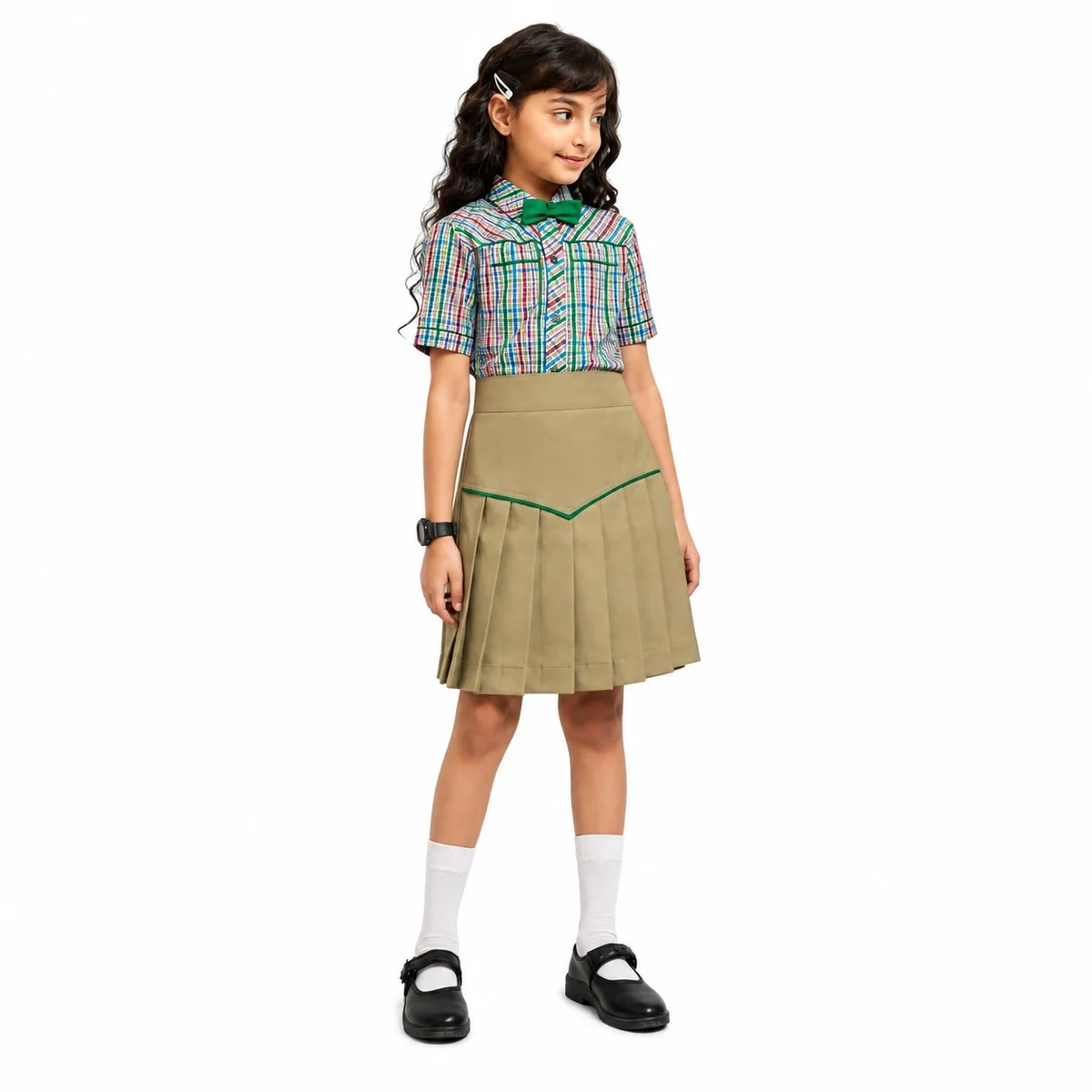 Girls Plaid Shirt And Pleated Skirt School Uniform Set